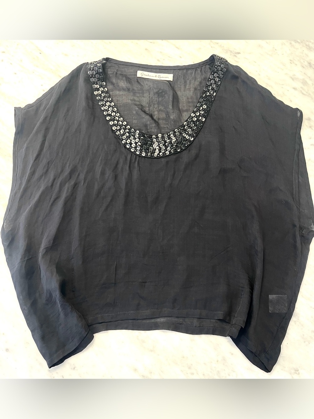 Graham & Spencer Black Semi-Sheer Embellished Neck Blouse (S)